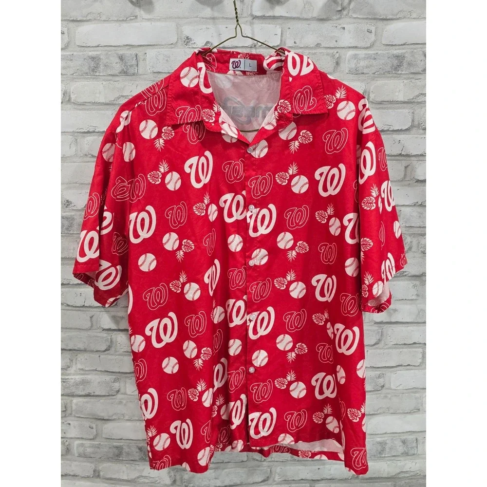 WASHINGTON NATIONALS Button Up Hawaiian Shirt Red White MASN SGA‎ Adult Size L